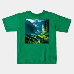 Misty Valley with Lush, Green Pine Forest Kids T-Shirt